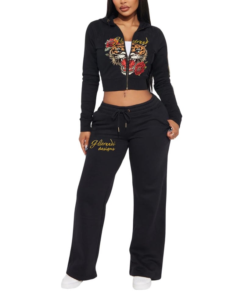 Glitrandi Womens 2 Piece Outfits Fashion Print Cropped Hoodies Jacket Sweatpants With Pockets Tracksuit For Women - Image 1
