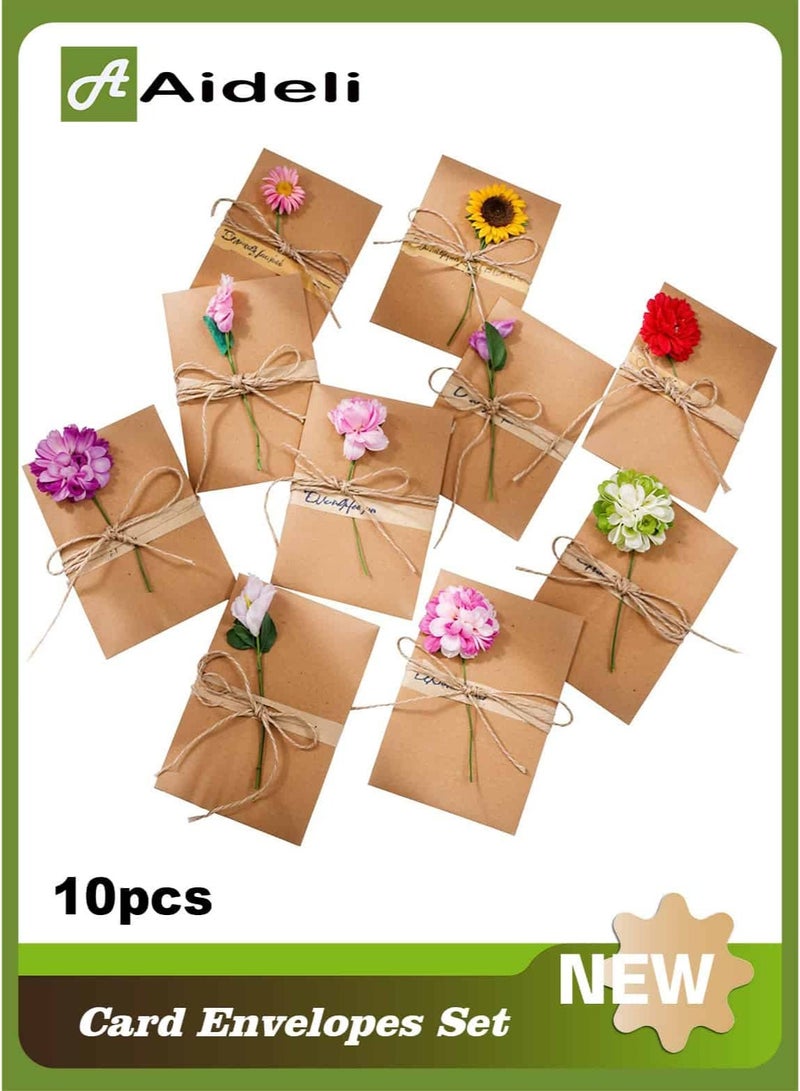 Aideli 10 Pcs Handmade Greeting Gift Card Set, Kraft Paper Blank Cards with Envelopes and Dried Flower Decoration for Birthday, Wedding, Thank You & All Occasions - Image 1