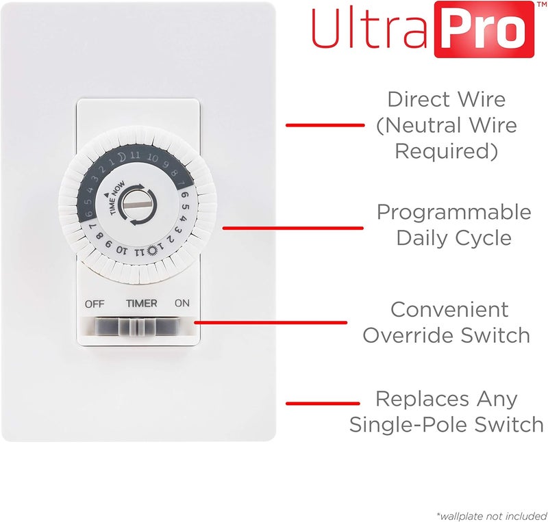 UltraPro 24-Hour Indoor Mechanical In-Wall Timer, 30 Minute Interval, Neutral Wire Required, Dial Light Switch for Lights, Bathroom Fan, Exhaust Fan, Single Pole Wall Timer Switch, White, 41092 - Image 3