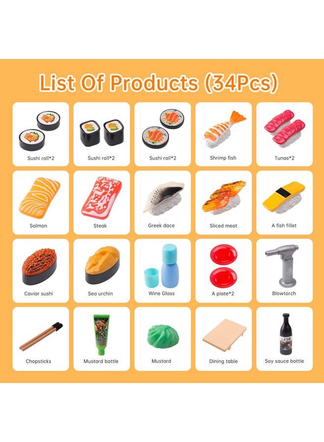 Funpynani Sushi Slicing Play Food Set, 34Pcs, 3+ Ages LED Light with Color Changing Pretend Food Toys Accessories with Velcro for Kids, Play Kitchen for Toddlers, Learning Gift for Girls Boys - Image 2