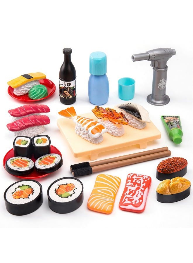 Funpynani Sushi Slicing Play Food Set, 34Pcs, 3+ Ages LED Light with Color Changing Pretend Food Toys Accessories with Velcro for Kids, Play Kitchen for Toddlers, Learning Gift for Girls Boys - Image 1