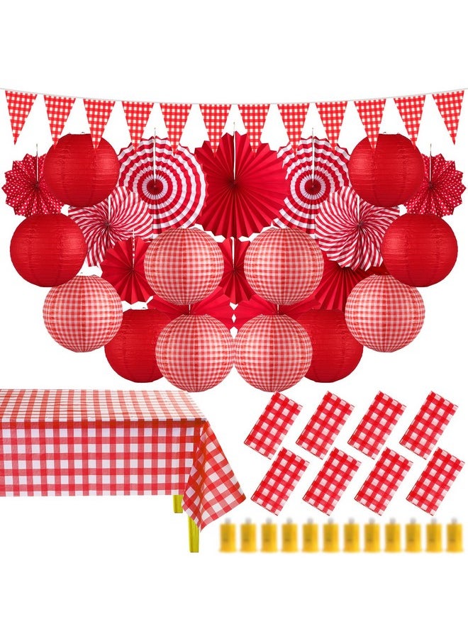 Moukeren 45 Pcs Picnic Party Decorations Set Paper Lanterns with LED Lights Red and White Checkered Gingham Pennant Banner with Hanging Paper Fans Tablecloth for Carnival Picnic BBQ Party Supplies - pzsku/Z0E525C1E234D158FA98FZ/45/_/1741329932/2b14cd04-76d1-46f8-8765-1cf32a1bb644