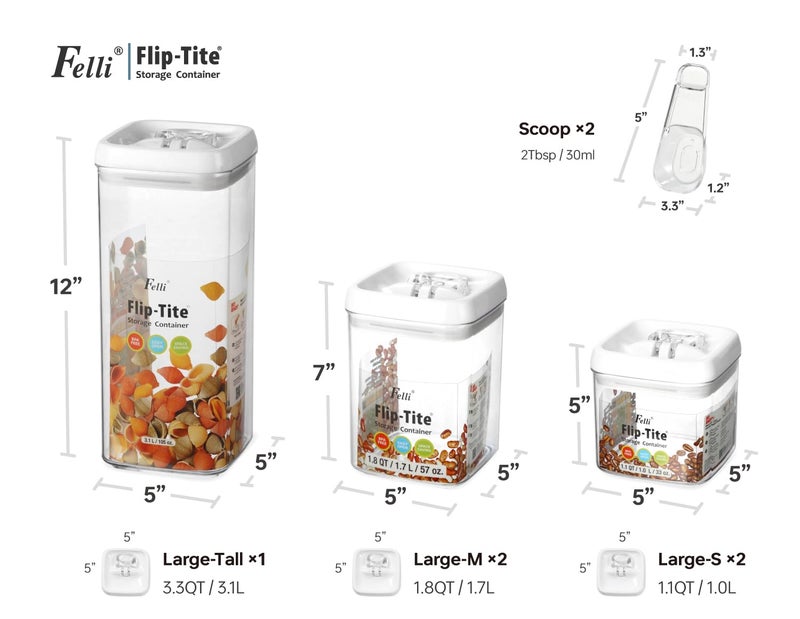 Felli Flip Tite Food Storage Container 5" LARGE 5pk Set + No Residue Label, Airtight Lid Easy Lock Top Stackable, Plastic Canister Jar for Pantry Kitchen Fridge Organizer Pasta Protein Powder Spice - Image 3