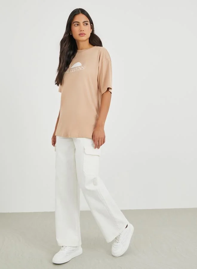 Styli Embroidered Slogan Short Sleeve Oversized T-Shirt