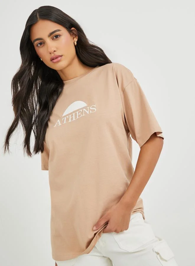 Styli Embroidered Slogan Short Sleeve Oversized T-Shirt