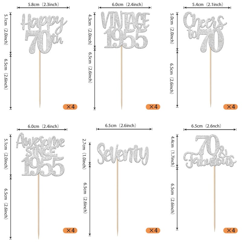 RSSTARXI 24 Pack Vintage 1955 Cupcake Toppers Glitter سبعين هتافًا إلى 70 رائعًا لعيد الميلاد 70 - Image 2