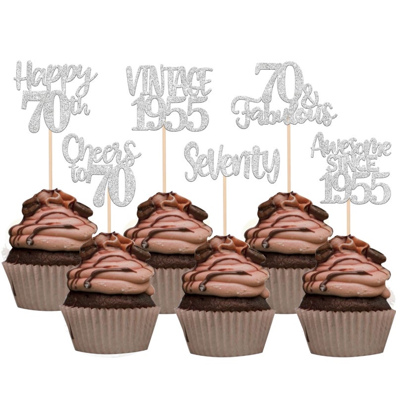 RSSTARXI 24 Pack Vintage 1955 Cupcake Toppers Glitter سبعين هتافًا إلى 70 رائعًا لعيد الميلاد 70 - Image 1