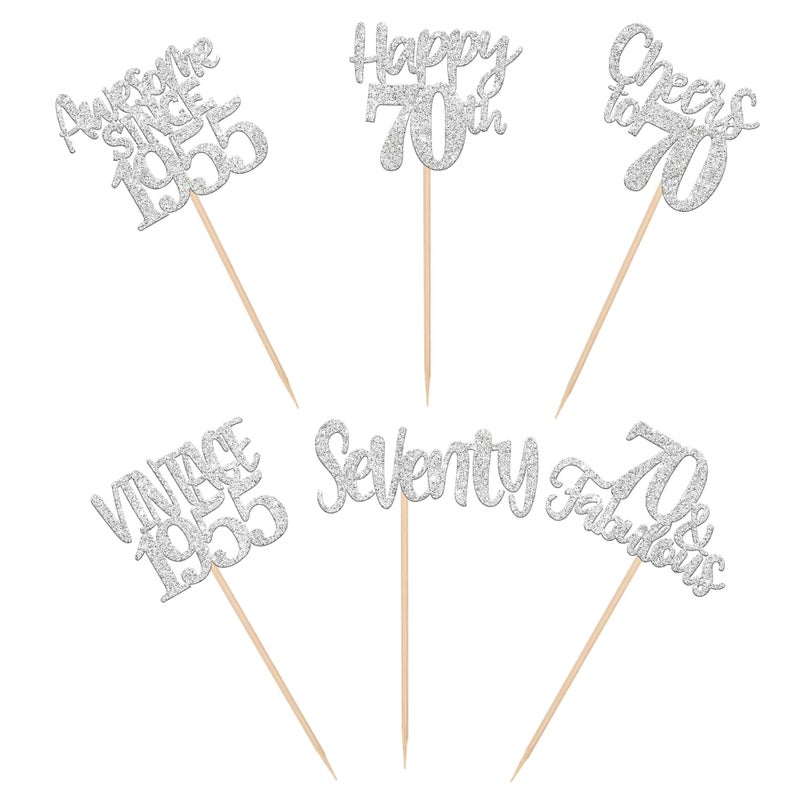 RSSTARXI 24 Pack Vintage 1955 Cupcake Toppers Glitter سبعين هتافًا إلى 70 رائعًا لعيد الميلاد 70 - Image 3