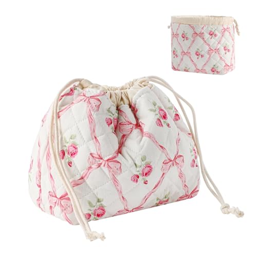 MAYCREATE® Drawstring Makeup Pouch Bag, Soft Cotton Quilting Floral Makeup Bag for Women, Fashion Pinky Bow Small Toiletry Pouch for Women Travel & Daily - 17x17x9cm - Image 1