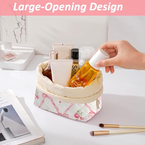 MAYCREATE® Drawstring Makeup Pouch Bag, Soft Cotton Quilting Floral Makeup Bag for Women, Fashion Pinky Bow Small Toiletry Pouch for Women Travel & Daily - 17x17x9cm - Image 4