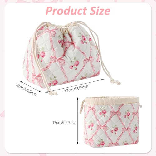 MAYCREATE® Drawstring Makeup Pouch Bag, Soft Cotton Quilting Floral Makeup Bag for Women, Fashion Pinky Bow Small Toiletry Pouch for Women Travel & Daily - 17x17x9cm - Image 2