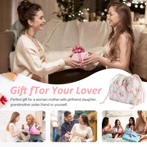 MAYCREATE® Drawstring Makeup Pouch Bag, Soft Cotton Quilting Floral Makeup Bag for Women, Fashion Pinky Bow Small Toiletry Pouch for Women Travel & Daily - 17x17x9cm - Image 5