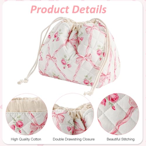 MAYCREATE® Drawstring Makeup Pouch Bag, Soft Cotton Quilting Floral Makeup Bag for Women, Fashion Pinky Bow Small Toiletry Pouch for Women Travel & Daily - 17x17x9cm - Image 3
