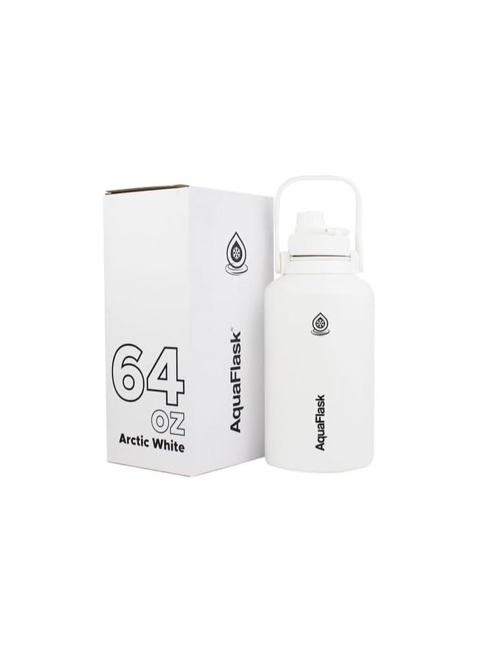 AquaFlask Regular Water Bottle, 1.89L, Vacuum Insulated Stainless Steel, Double-Wall Leak-Proof Wide Mouth, Arctic White