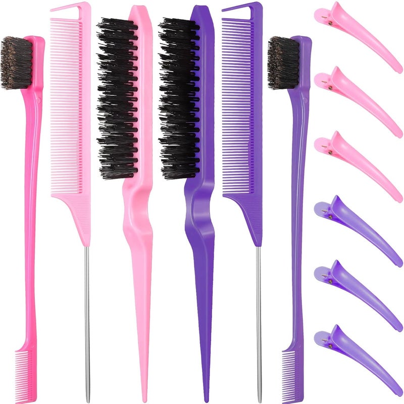 Remerry 12 Pieces Hair Brush Set Includes 3 Row Salon Teasing Brushes Double Sided Hair Edge Brush Rat Tail Combs Duckbill Clips for Women Girls Pink Purple