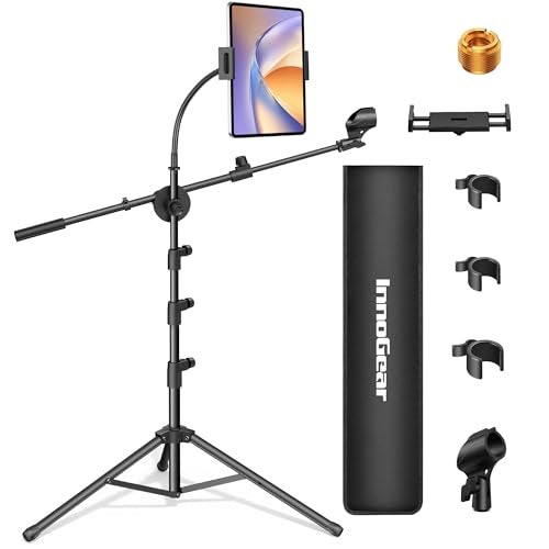 InnoGear Mic Stand 6 in 1 Microphone Stand Floor with Tablet Phone Holder Height Adjustable from 30 to 72 Mic Stand Tripod Boom Arm with Gooseneck Carrying Bag for Singing Karaoke Stage - Image 1