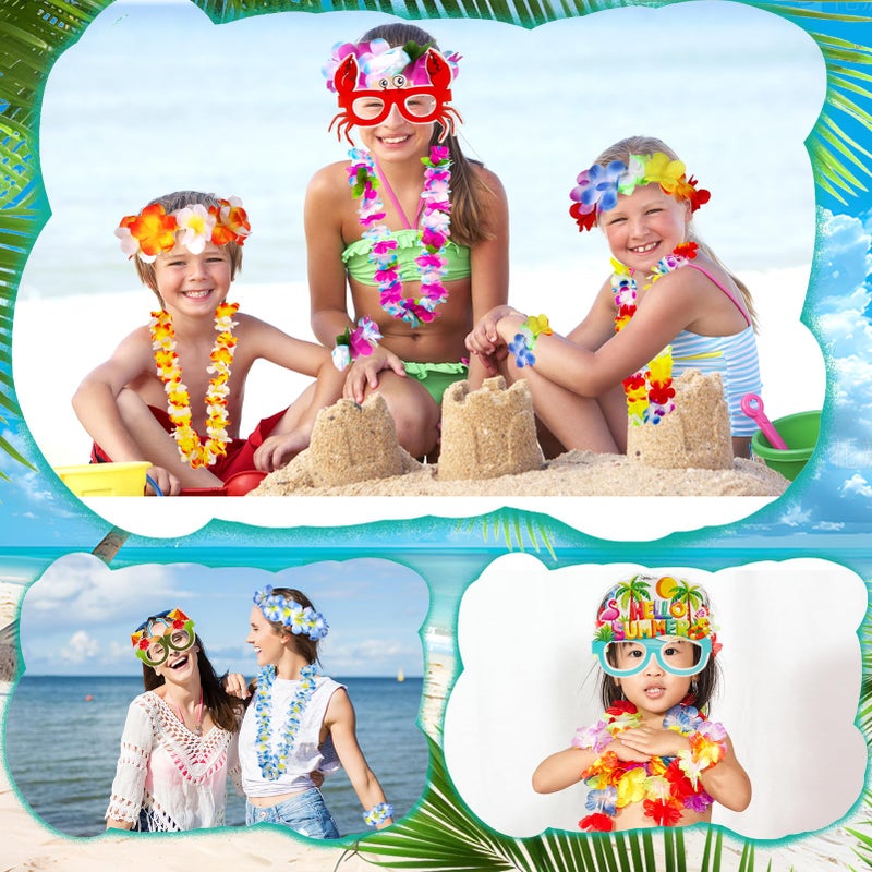 Atonofun 80 PCS Leis for Luau Party Decorations- Hawaiian Leis Bulk, Luau Party Glasses, Colorful Bracelets, Flower Headbands for Adults Tropical Birthday Summer Beach Luau Party Favors Supplies - Image 5