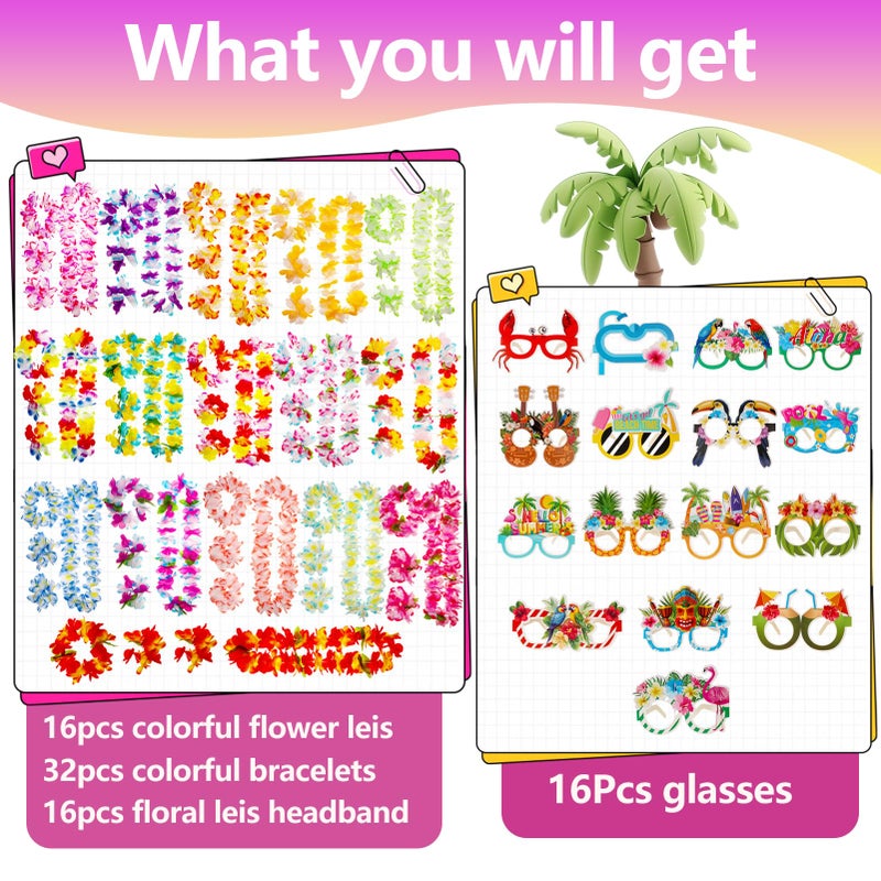Atonofun 80 PCS Leis for Luau Party Decorations- Hawaiian Leis Bulk, Luau Party Glasses, Colorful Bracelets, Flower Headbands for Adults Tropical Birthday Summer Beach Luau Party Favors Supplies - Image 2