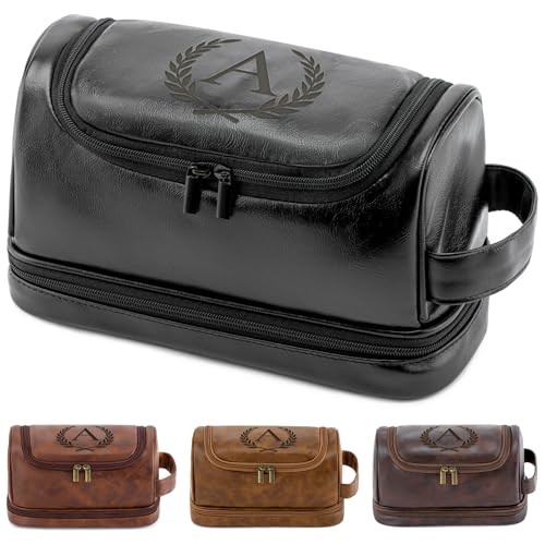 Aganmi Engraved Initial Mens Toiletry Travel Bag, Unique Corporate Gifts for Clients Boss Colleague Employee Appreciation Gifts Birthday Party Favor Waterproof Shaving Bag for Men, Black S - Image 1
