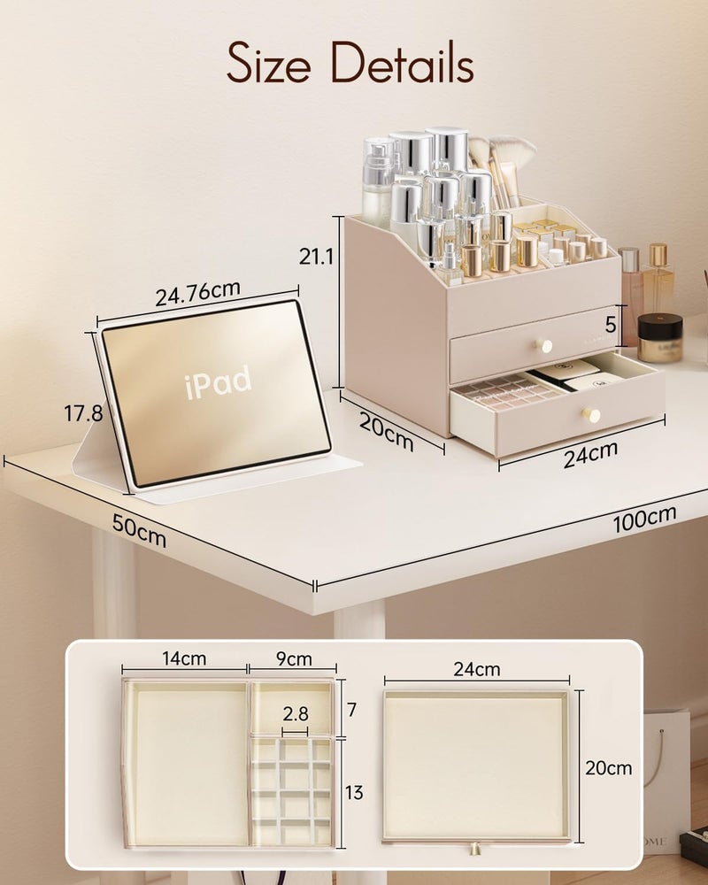 Vlando Makeup Organiser, Faux Leather Cosmetic Organiser with 2 Drawer, Dressing Table Organiser for Lipstick, Jewellery & Skincare Storage,Toffee - Image 5