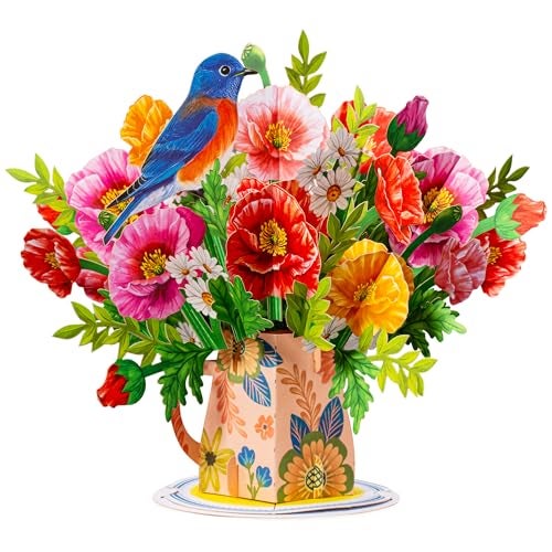 Paper Love 3D Poppy Blooms Flower Bouquet Pop Up Mother's Day Card, with Forever Flower Keepsake, Gift for Mothers Day, Birthday, Graduation, Get Well, Thank You, All Occasion - Oversized 10" x 7" Cards - Includes Envelope And Note - Image 1
