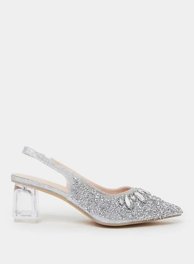 Take Two Silver Rhinestone Pointed Toe Slingback Pumps