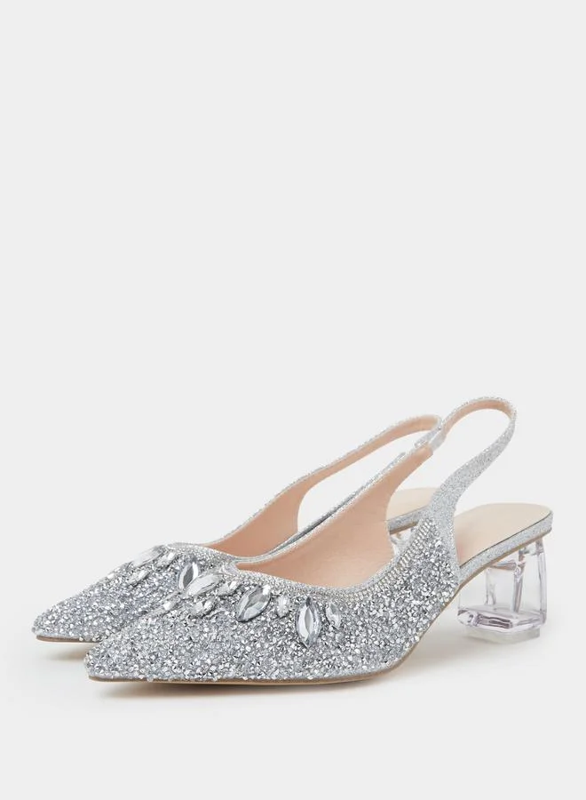 Take Two Silver Rhinestone Pointed Toe Slingback Pumps