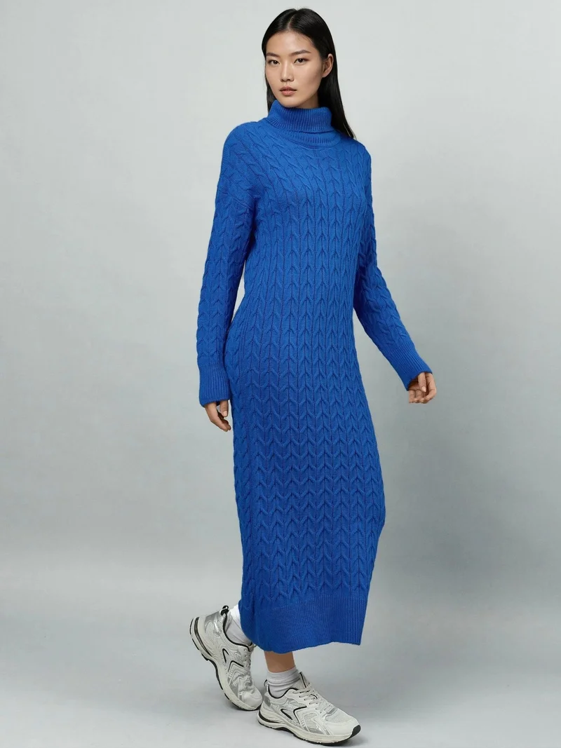 MY FASHION Cobalt Blue MY FASHION Long Sleeve Turtleneck Hair Braid Knit Dress for Women | Best Price UAE
