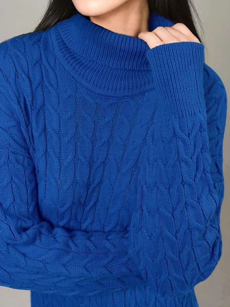 MY FASHION Cobalt Blue MY FASHION Long Sleeve Turtleneck Hair Braid Knit Dress for Women | Best Price UAE