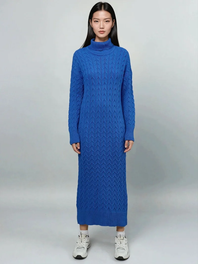 MY FASHION Cobalt Blue MY FASHION Long Sleeve Turtleneck Hair Braid Knit Dress for Women | Best Price UAE
