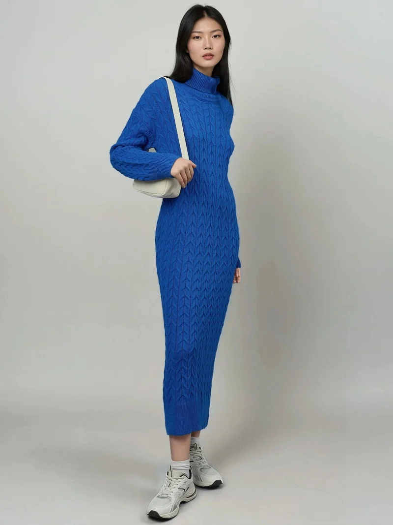 MY FASHION Long Sleeve Turtleneck Hair Braid Knit Dress