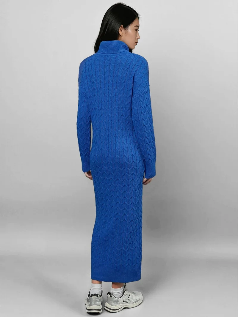 MY FASHION Cobalt Blue MY FASHION Long Sleeve Turtleneck Hair Braid Knit Dress for Women | Best Price UAE