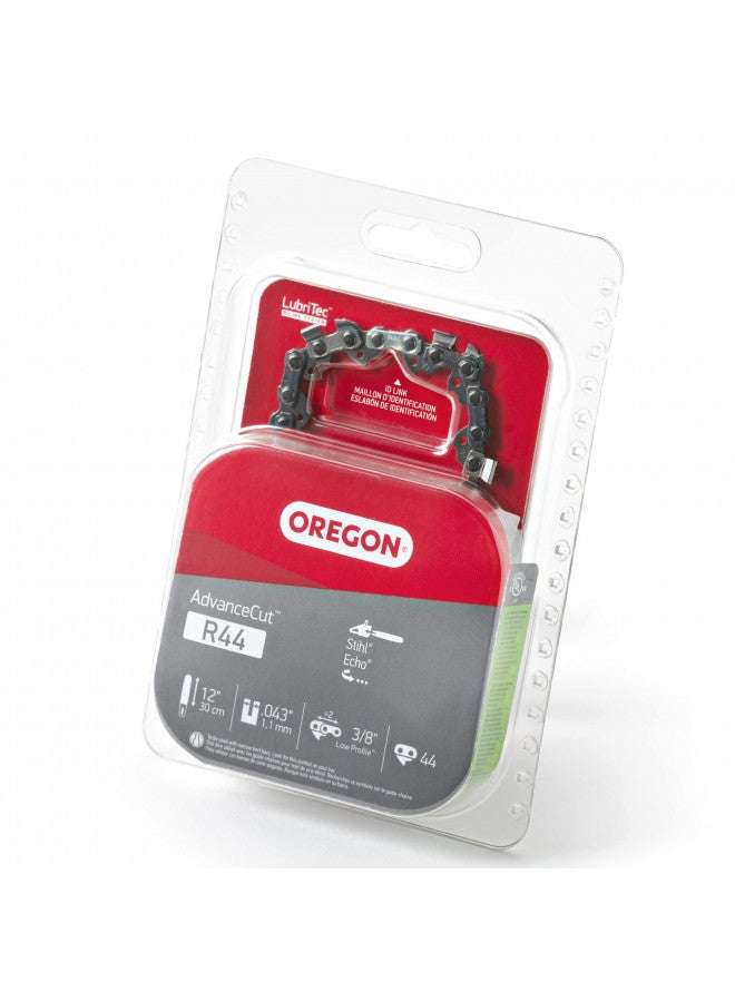 Oregon سلسلة منشار Oregon R44 AdvanceCut بقطر 12 بوصة، لاستبدال مناشير القطب وأدوات منشار السلسلة، شريط توجيه 12 بوصة، 44 وصلة دفع، خطوة: 3/8 بوصة منخفضة الملف، .043 بوصة قياس (R44) - Image 1