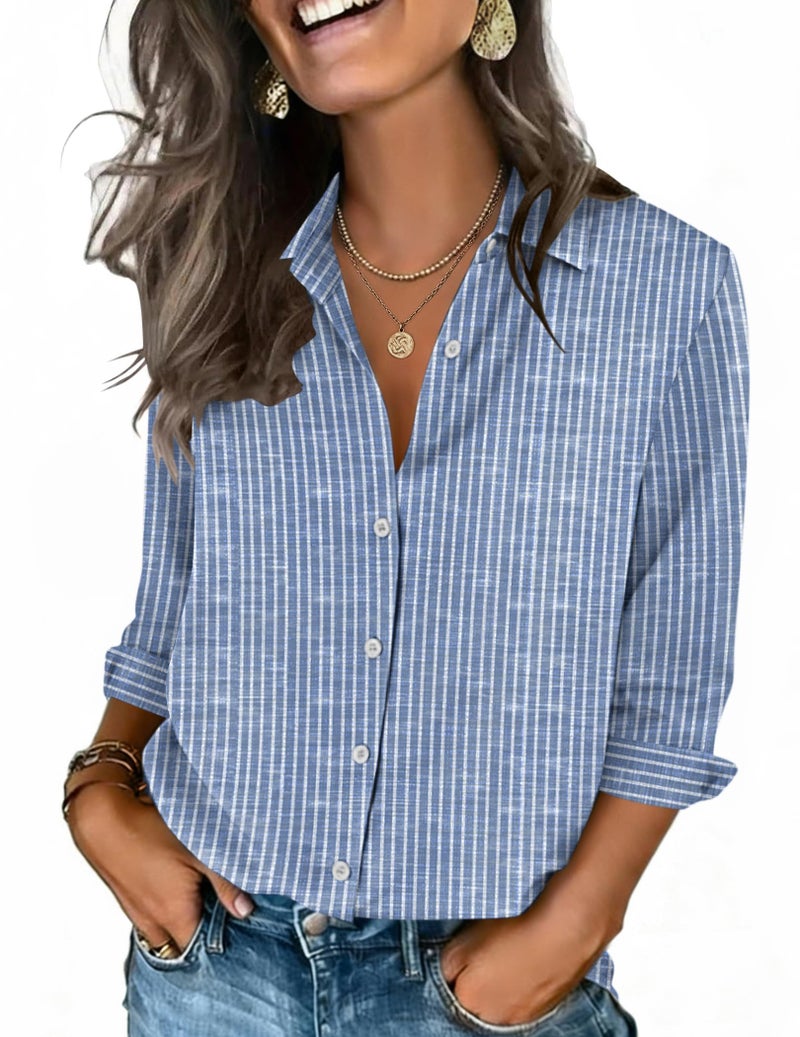 Zeagoo Striped Button Down Shirts for Women Business Casual Dressy Tops 3/4 Sleeve Work Blouses Spring Outfit - Image 1