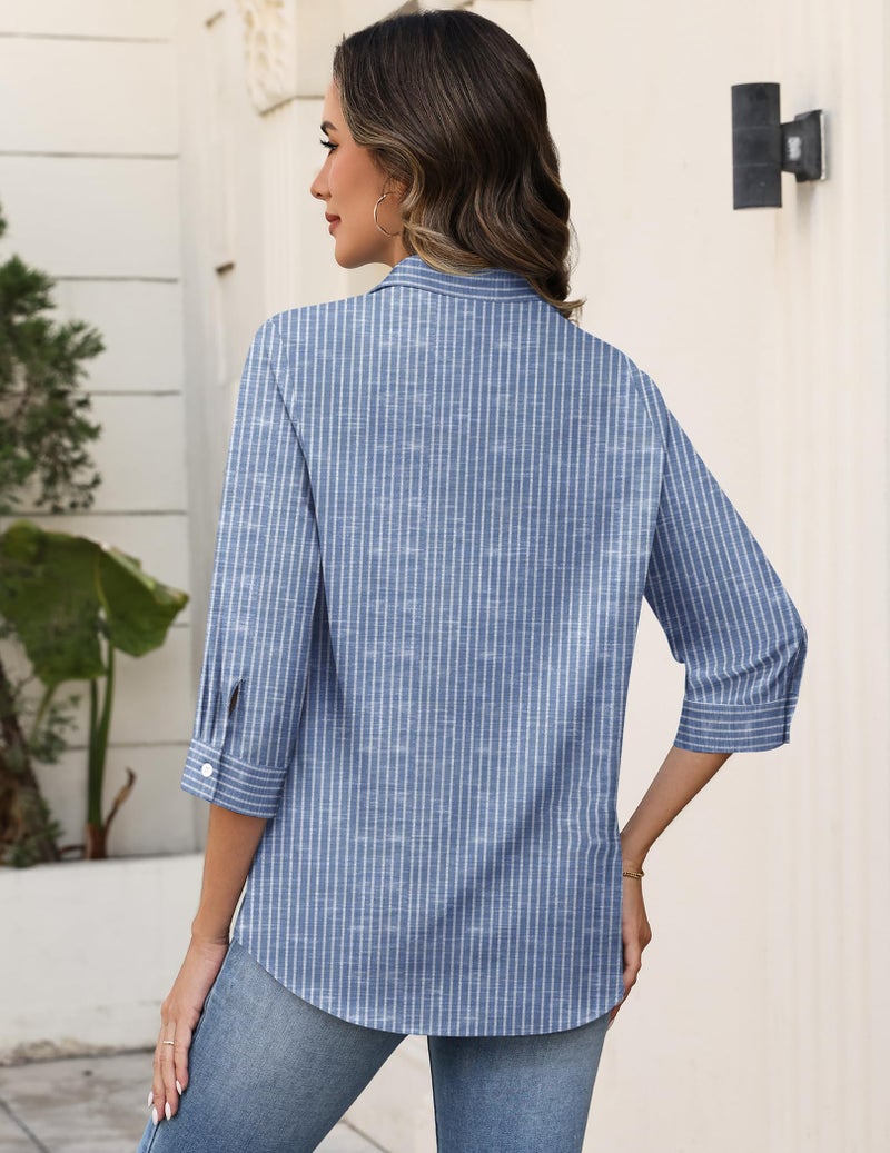 Zeagoo Striped Button Down Shirts for Women Business Casual Dressy Tops 3/4 Sleeve Work Blouses Spring Outfit - Image 5