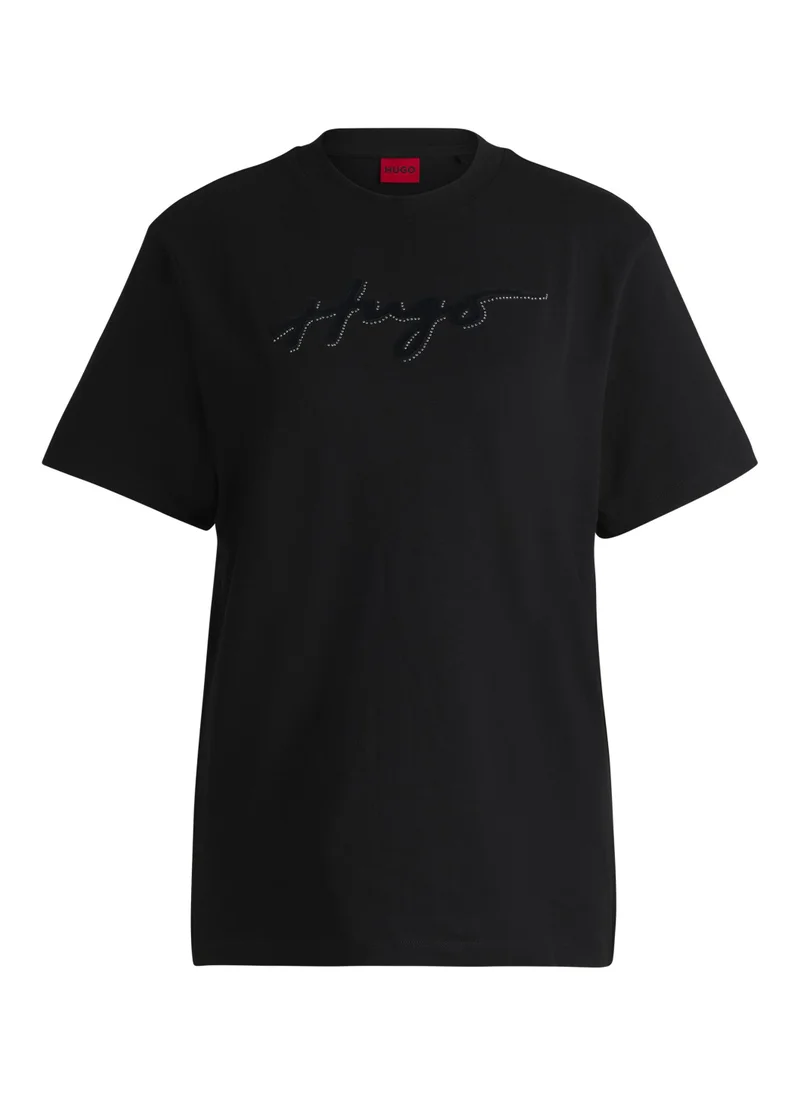 هوجو Cotton T-shirt with flock print and rhinestones