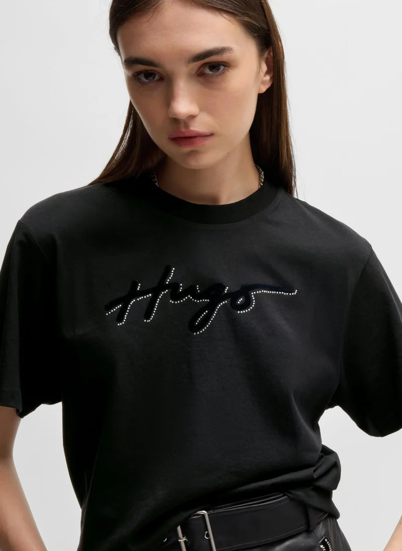 هوجو Cotton T-shirt with flock print and rhinestones