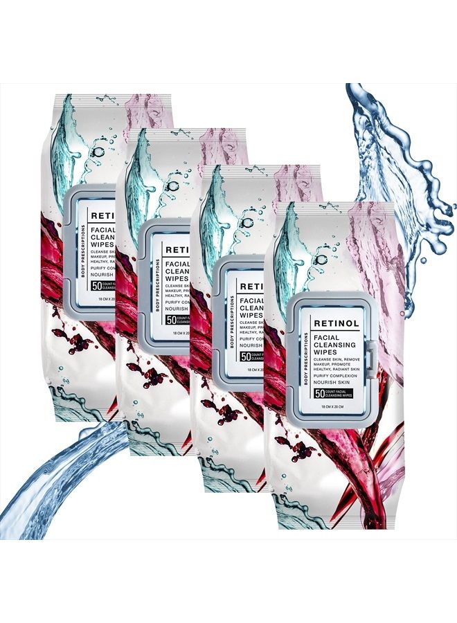 Body Prescriptions 4 Pack (50 Count Each) Retinol Facial Cleansing and Gentle Make Up Remover Wipes – Flip Top Pack - Image 1