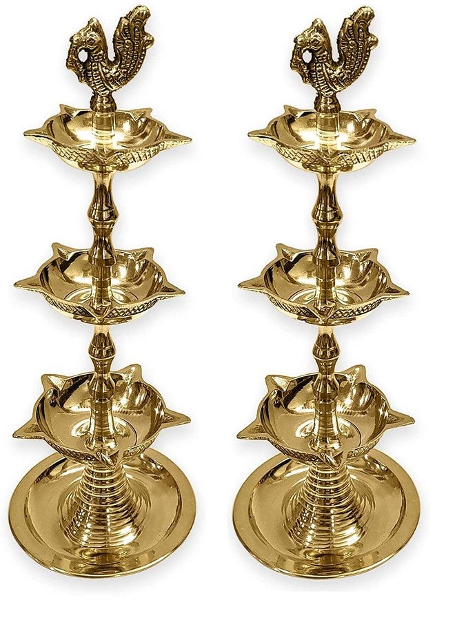 SATVIK مجموعة Satvik مكونة من قطعتين من ديكور Diwali Deepawali مصنوع يدويًا من النحاس الهندي الثقيل 3 خطوات Panchmahal Diya 8.5 بوصة مصباح منقوش 3 في 1 عناصر هدايا هندية قابلة للتعديل (تصميم الطاووس) - Image 1