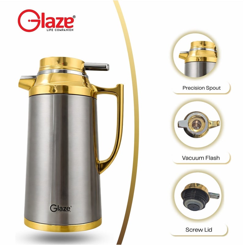جليز إبريق حراري من الستانلس ستيل بسعة 1.3 لتر بعزل فراغي، إبريق للمشروبات الساخنة والباردة مع غطاء مانع للتسرب، مناسب لتقديم القهوة والشاي في المنزل والمكتب والسفر – تصميم فاخر باللون الذهبي - Image 2
