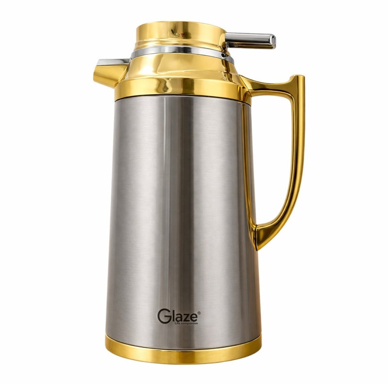 جليز إبريق حراري من الستانلس ستيل بسعة 1.3 لتر بعزل فراغي، إبريق للمشروبات الساخنة والباردة مع غطاء مانع للتسرب، مناسب لتقديم القهوة والشاي في المنزل والمكتب والسفر – تصميم فاخر باللون الذهبي - Image 1