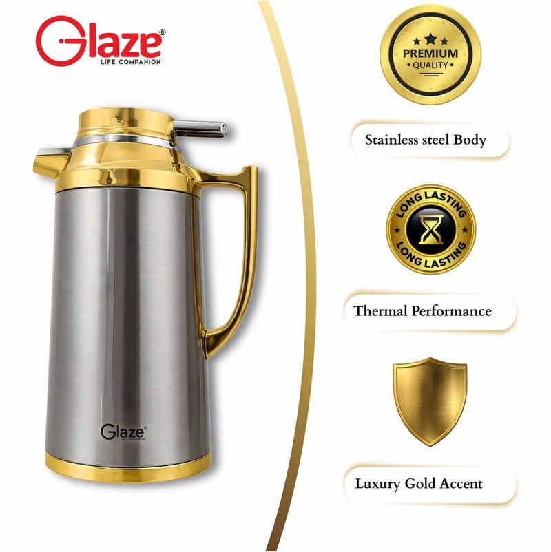 جليز إبريق حراري من الستانلس ستيل بسعة 1.3 لتر بعزل فراغي، إبريق للمشروبات الساخنة والباردة مع غطاء مانع للتسرب، مناسب لتقديم القهوة والشاي في المنزل والمكتب والسفر – تصميم فاخر باللون الذهبي - Image 3