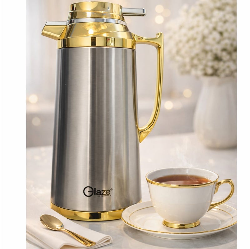 جليز إبريق حراري من الستانلس ستيل بسعة 1.3 لتر بعزل فراغي، إبريق للمشروبات الساخنة والباردة مع غطاء مانع للتسرب، مناسب لتقديم القهوة والشاي في المنزل والمكتب والسفر – تصميم فاخر باللون الذهبي - Image 5