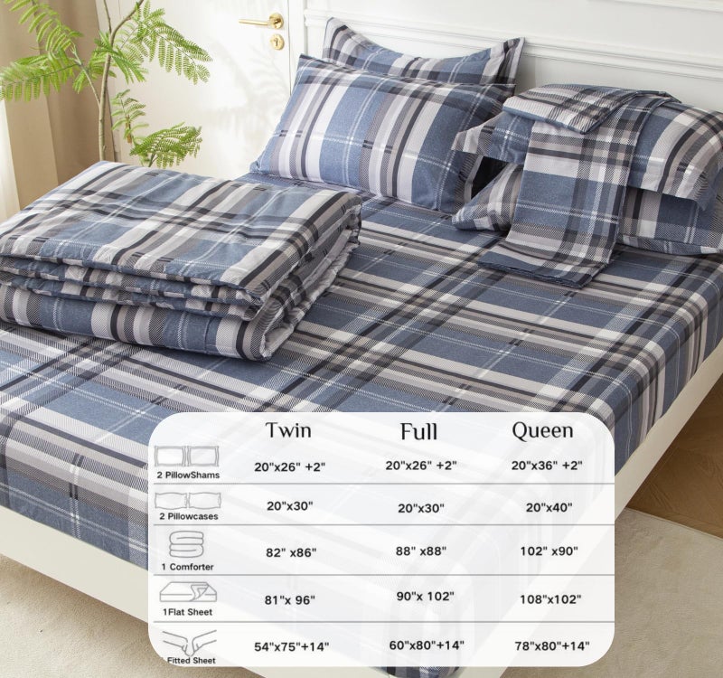 SDY 7PCS Twin Gingham Comforter and Sheet Setï¼ŒPlaid Bedding Set with 1*Comforter,1* Flat Sheet, 1*Fitted Sheet,2*Pillowcases and 2*PillowcaseShamsï¼ŒNavy Blue Microfiber Bedding Sheet Sets - Image 3