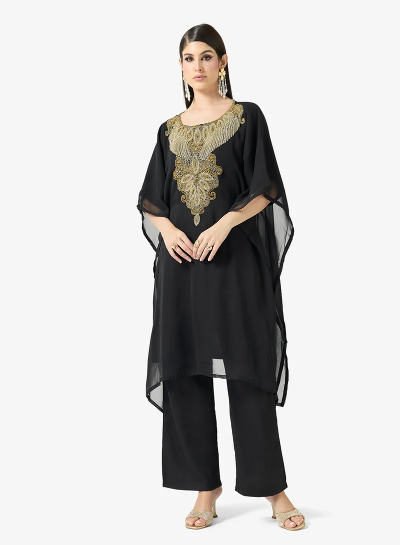 ARABIAN CLOSET Gold Embroidered Round Neck Kaftan
