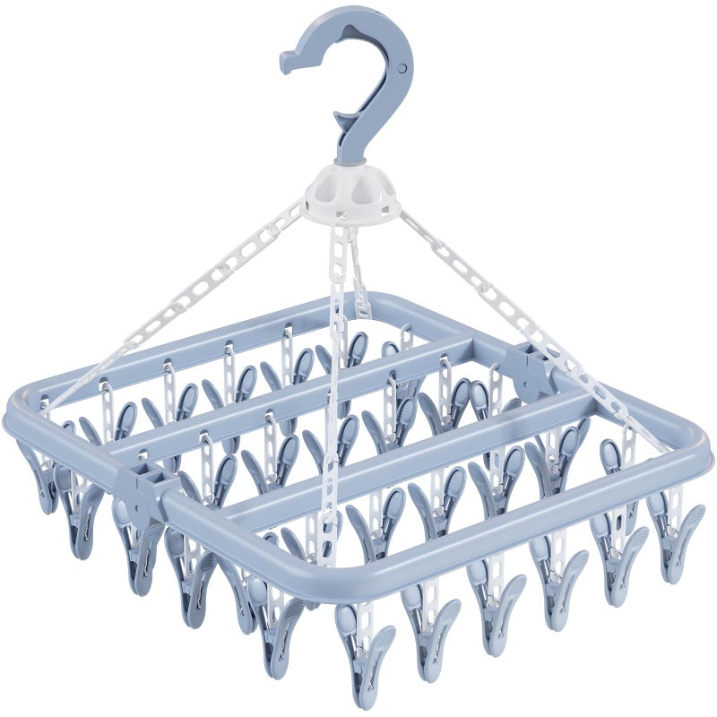 Aolloa Clothes Drying Rack with 32 Clothespins Bule Foldable Hanging Drying Racks 360 Rotatable Hook for Drying Towels Bras Baby Clothes Gloves Plastic Clothes Drying FoldableBule