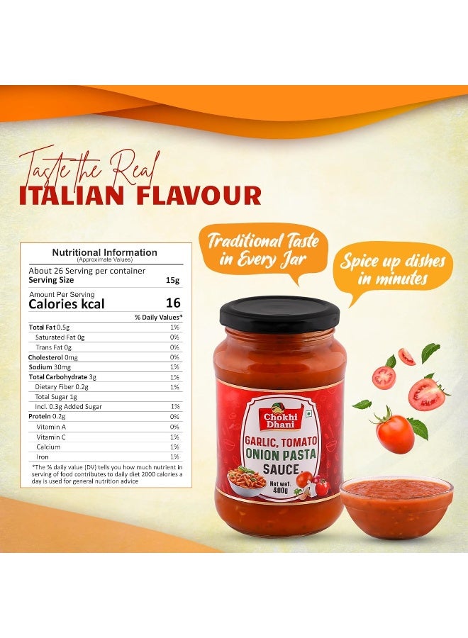 Chokhi Dhani Garlic Tomato Onion Pasta Sauce 400 gm | Rich & Flavorful Italian-Style Sauce with Fresh Garlic, Ripe Tomatoes & Onions - Image 2