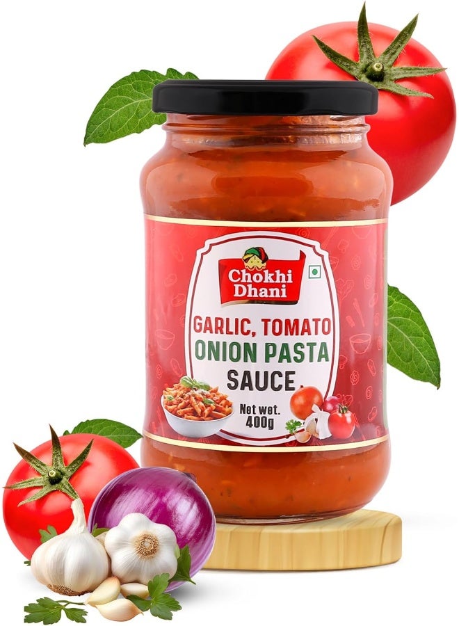 Chokhi Dhani Garlic Tomato Onion Pasta Sauce 400 gm | Rich & Flavorful Italian-Style Sauce with Fresh Garlic, Ripe Tomatoes & Onions - Image 1