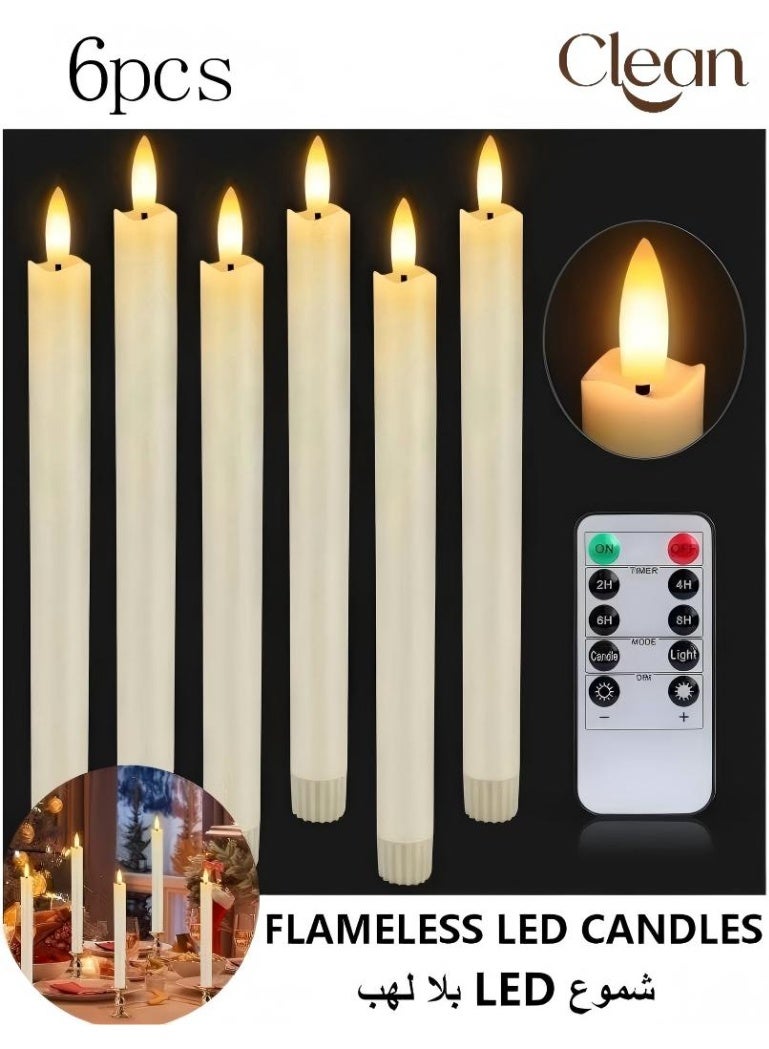Clean 6PCS Flameless LED Taper Candles, Remote Control Battery Operated Flickering Window Candles, 3D Wick Warm White Timer Candle Set for Home Wedding Party Ramadan Decor (28.5cm) - Image 1