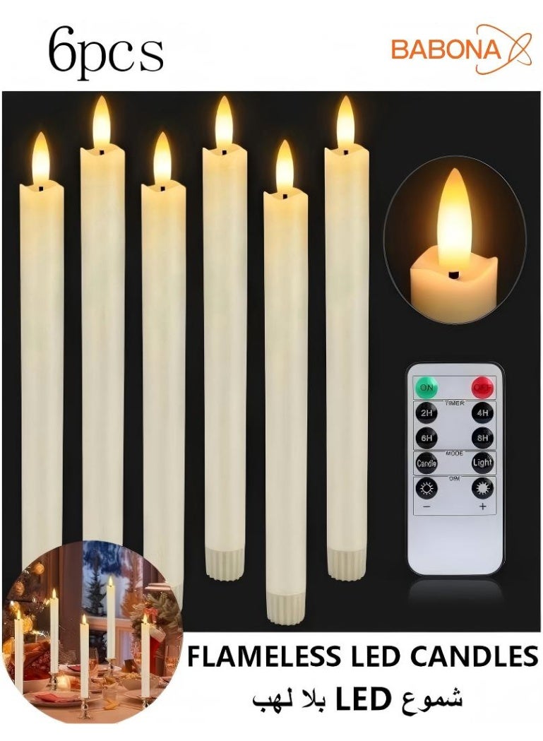 BABONA 6 Pack Flameless LED Taper Candles, Battery Operated Flickering Candlesticks with Remote Control, 3D Wick and Timer for Ramadan, Dining Table and Home Decor (White, 27.5 cm) - Image 1